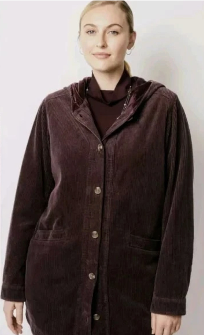 J JILL Heritage Tumbled Cord Coat Barn Chore Jacket Hooded Plum Petite XS